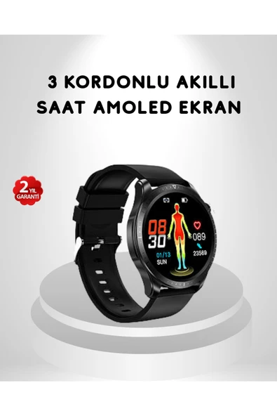 SAYARMARKT AMOLED Ekranlı Akıllı Saat – 3 Kordon Seçenekli, Suya Dayanıklı, Kalp Atış ve Uyku Takip � ürün görseli 1