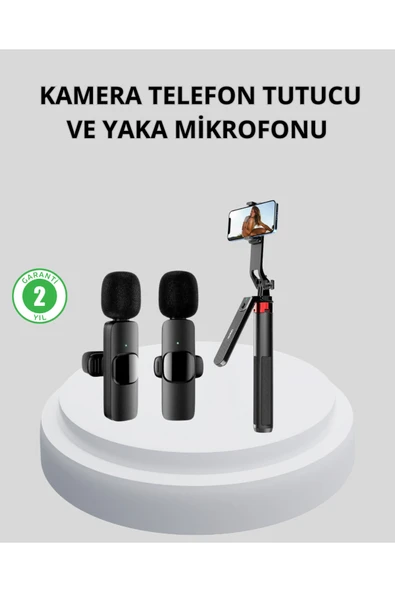 SAYARMARKT Kablosuz Çift Yaka Mikrofonu ve Tripodlu Selfie Çubuğu İçerik Üretici Seti ürün görseli 1