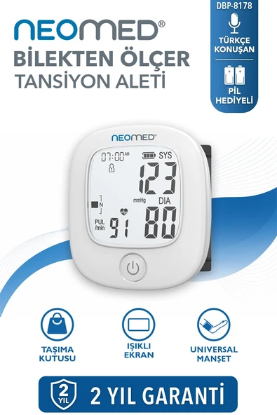 Neomed DBP-8178 Türkçe Konuşan Tek Tuşla Ölçen Işıklı Bilekten Dijital Tam Otomatik Tansiyon Aleti ürün görseli 1