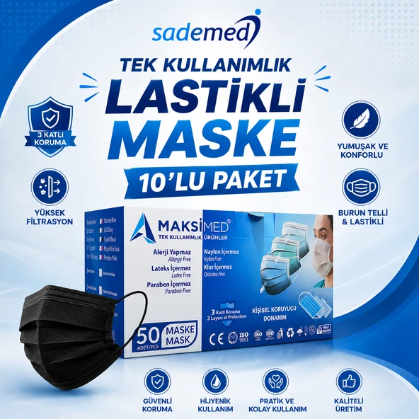 3 Katlı Lastikli Burun Telli Maske 10 (PAKET) ürün görseli 1