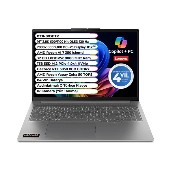 Ideapad Pro 5 Amd Ryzen Aı 7 350 32 GB 1 Tb SSD Rtx 5050 8 GB Gddr7 Windows 11 Pro 16 Inç 2.8k OLED 83JN003BTR Snertech ürün görseli 1