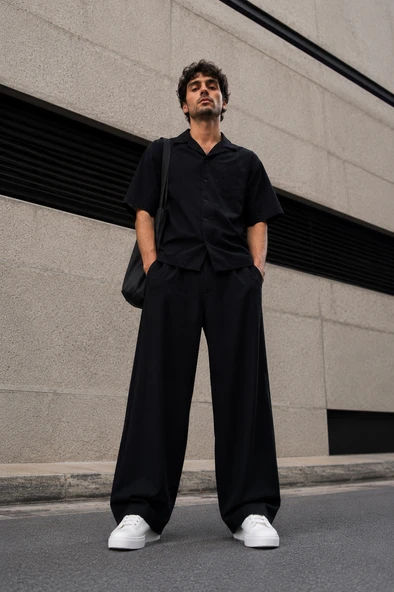 WE&ME Oversize Erkek Pantolon Siyah Geniş Paça Lastikli Bel Bağcıklı Rahat Kalıp Salaş Street Style Pantolon ürün görseli 1
