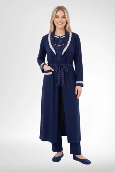 Mecit 6391 Lacivert Kadın Büyük Beden Uzun Sabahlık Pijama Takımı ürün görseli 1