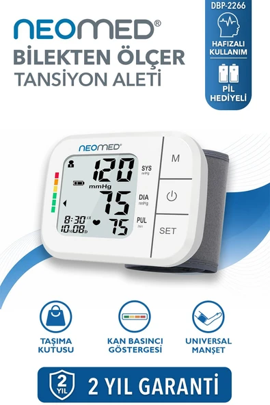 Neomed DBP-2266 Geniş Ekranlı Hafızalı Bilekten Dijital Tam Otomatik Tansiyon Aleti ürün görseli 1