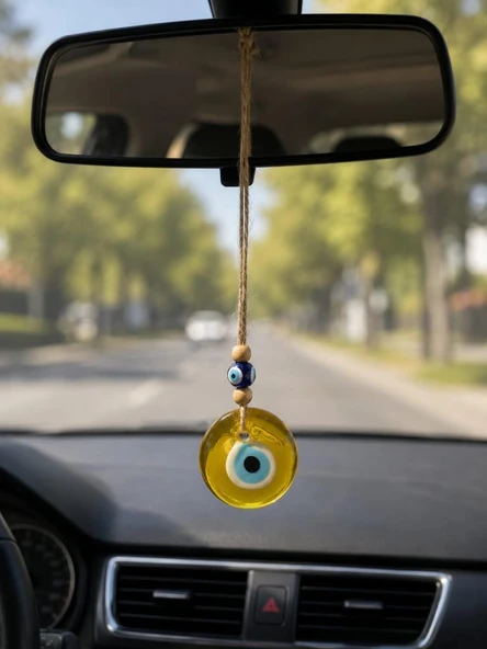 Nazar Boncuğu Dikiz Aynası Süsü Sarı Renkli Duvar Süsü El Yapımı Cam Kapı Süsü ürün görseli 1