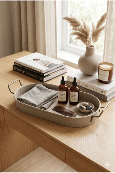 Bohem Dekoratif Metal Tepsi Kulplu Minimalist Düzenleyici Organizer Sunum Tepsisi Bej Oval Şık Dekor ürün görseli 1