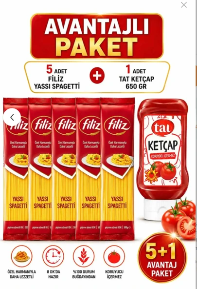 FİLİZ Yassı Spagetti 5 x 500 g + Tat Ketçap 650 g Avantaj Paket Ekonomik Set ürün görseli 1
