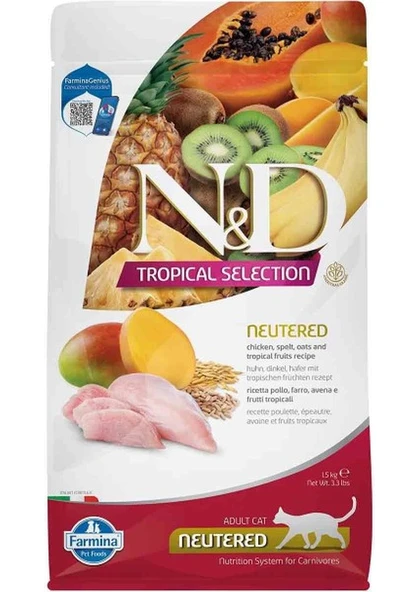 N&d Tropical Düşük Tahıllı Tavuklu ve Tropikal Meyveli Kısırlaştırılmış Kedi Maması 1,5kg ürün görseli 1