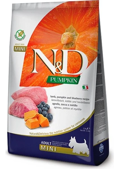 N&D Pumpkin Tahılsız Mini Adult 2,5kg Kuzu Bal Kabağı ve Yaban Mersinli Ufak Irk Köpek Maması ürün görseli 1