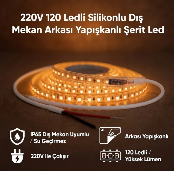 220V 120 LED Dış Mekan Şerit LED Amber Işık Arkası Yapışkanlı Suya Dayanıklı Dekoratif Aydınlatma ürün görseli 1