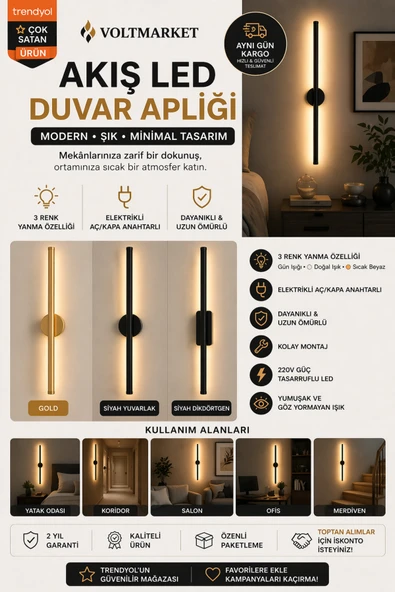 VOLTMARKET Akış LED Duvar Apliği Modern Minimal Tasarım 3 Renk Yanma Özellikli Elektrikli ürün görseli 1