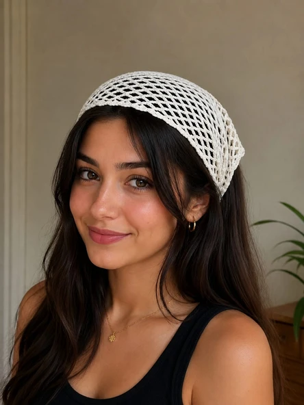 El Örgüsü File Bandana Kadın Saç Bandı Bohem Yazlık Beyaz Bone ürün görseli 1