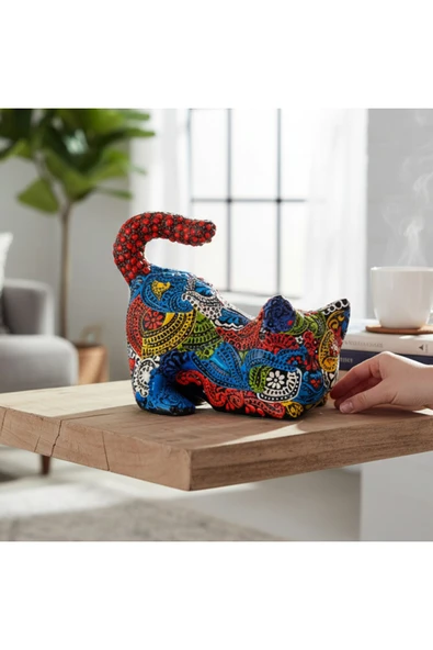 sharp&art Detay İşçilikli Çini Kedi Heykeli , El İşlemesi Mandala Karma Desen Çok Renkli ürün görseli 1