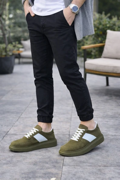 JET-011 Line Erkek Günlük Bağcıklı Süet Spor Sneaker Ayakkabı SHT - Haki/Beyaz ürün görseli 1