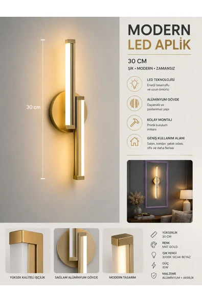 VOLTMARKET 2 ADET Pilli Modern LED Duvar Apliği 30cm - Eskitme Renkli | GÜN IŞIĞI Işık Seçeneği ürün görseli 1