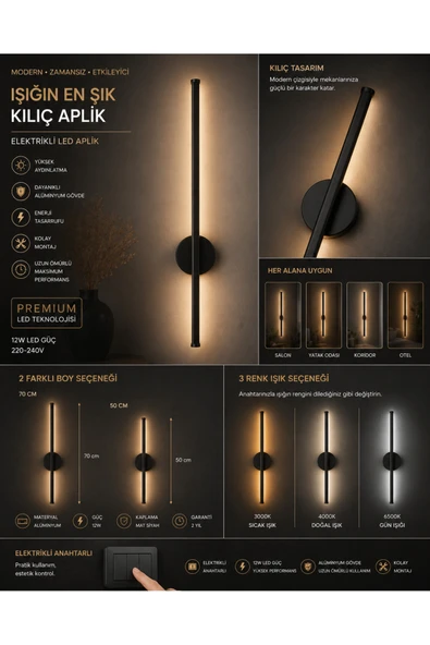 VOLTMARKET LED Duvar Apliği Modern Minimal Tasarım 3 Renk Yanma Özellikli Elektrikli ürün görseli 1