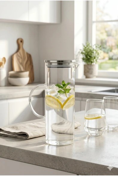 1200 ml Borosilikat Isıya Dayanıklı Cam Sürahi Metal Kapaklı Modern Su Karafı 23 cm x 9 cm ürün görseli 1