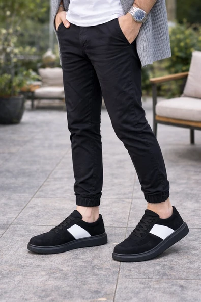 JET-011 Line Erkek Günlük Bağcıklı Süet Spor Sneaker Ayakkabı SST - Siyah/Beyaz ürün görseli 1