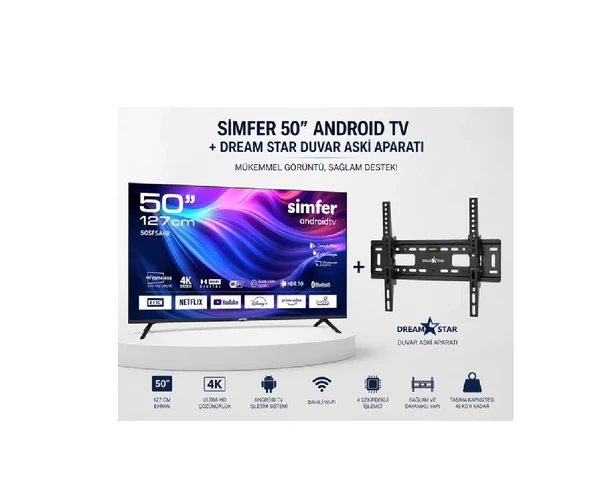 Simfer 50SFSA6B 50'' 127 Ekran 4K Ultra Hd Android Smart LED Tv ve Duvar Askı Aparatı ürün görseli 1