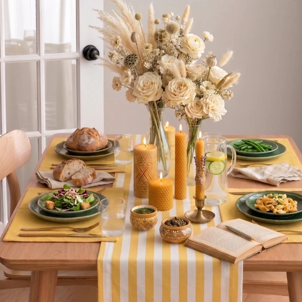 Runner & Amerikan Servisi Kumaş 4+1 Adet Sarı Amerikan Servis+ Çizgili Runner Set ürün görseli 1