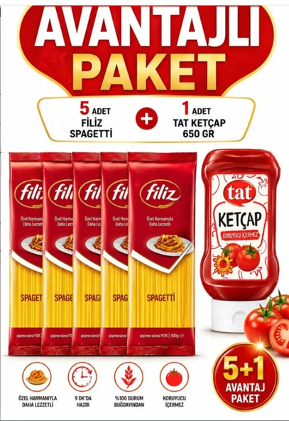 FİLİZ Spagetti 5 x 500 g + Tat Ketçap 650 g Avantaj Paket Ekonomik Set ürün görseli 1