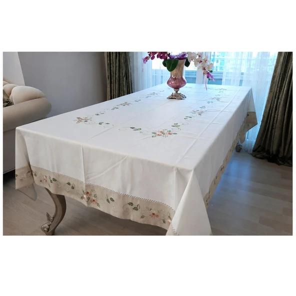 Keten Nakışlı Ajürlü Masa Örtüsü 170x275cm ürün görseli 1
