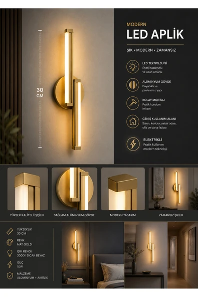 VOLTMARKET 2 ADET ELEKTİRİK Modern LED Duvar Apliği 30cm - Eskitme Renkli | GÜN IŞIĞI Işık Seçeneği ürün görseli 1