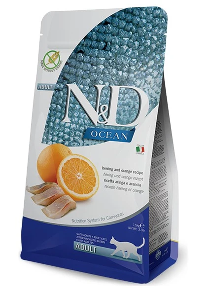 N&D Nd Ocean Adult Kedi 1,5kg Tahılsız Ringa Balığı Portakallı Yetişkin Adult Kedi Maması Herring And Orange ürün görseli 1