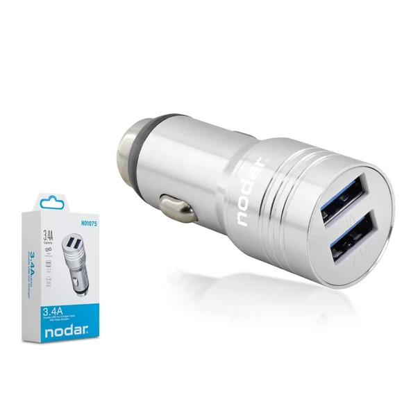 NODAR ND1075 Araç Şarj Adaptörü 2x USB 3.4A Metal - Gümüş ürün görseli 1