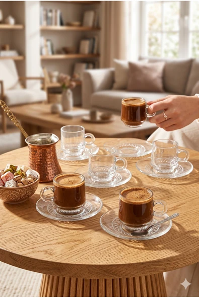 6 Kişilik Cam Kahve Fincan Takımı Pinterest Tarzı Bohem Şık Cam Tabaklı Modern Türk Kahvesi Sunumu ürün görseli 1