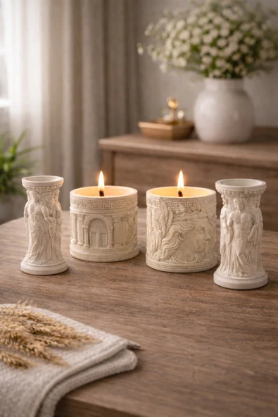 aymumi home 4lü Antik Figürlü Dekoratif Mumluk Seti  Ortadaki Mumlu Helenistik Tasarım Tealight Mumluk ürün görseli 1