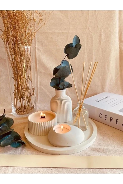 Forte Vie Dekoratif Tepside 5 Li Set Çizgili Vazo, Vanilya Koku Ahşap Fitil Mum, Tealight Mumluk, Oda Koku ürün görseli 1