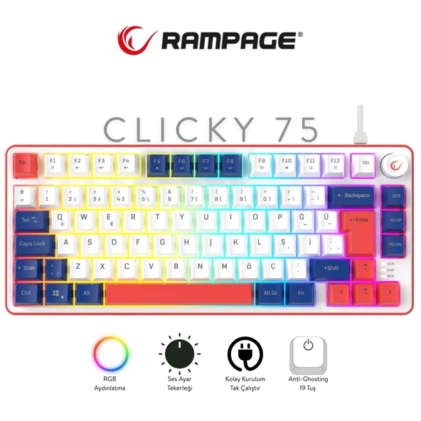 Rampage Clicky 75 Beyaz/Lacivert/Kırmızı Mekanik Hisli RGB Q Membrane Oyuncu Klavyesi ürün görseli 1