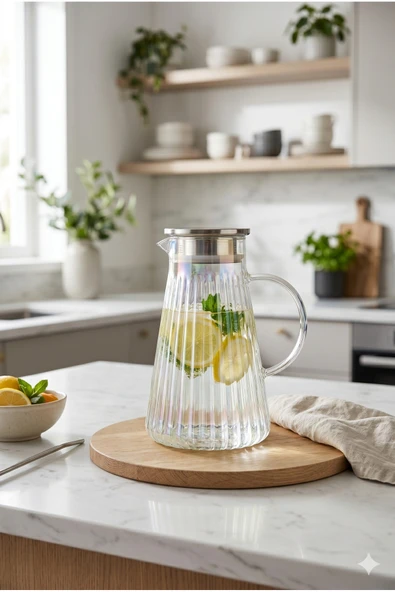 1800ml Borosilikat Isıya Dayanıklı Cam Sürahi - Süzgeçli Paslanmaz Metal Kapaklı Lüks Çizgili Karaf ürün görseli 1