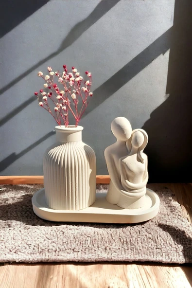 MUJİ STORE Bernami Dekoratif Minyatür Sarılan Sevgili Biblo Mini Kuru Çiçek Vazosu Set ürün görseli 1