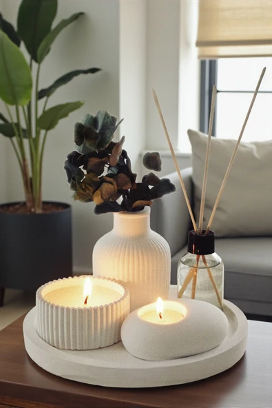 Akronistone Dekoratif Tepside 5 Li Hediyelik Set Vazo,kokulu Mum,Tealight Mumluk,Oda Kokusu ürün görseli 1