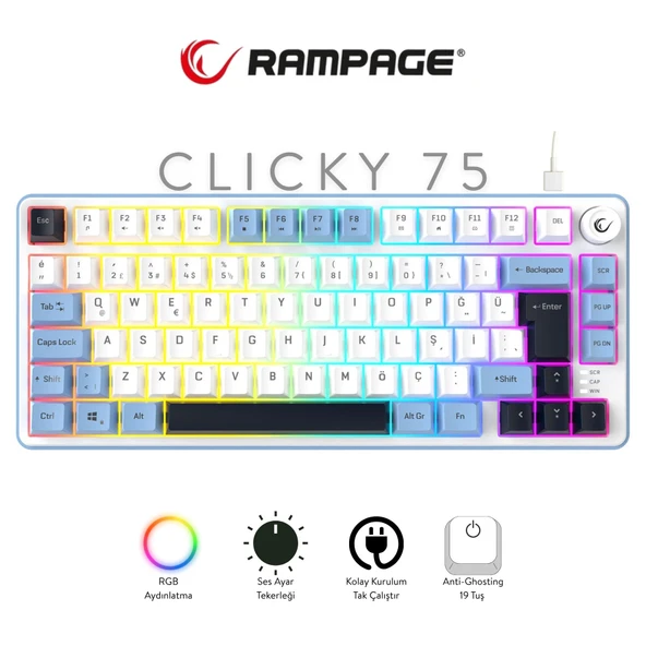 Rampage Clicky 75 Beyaz/Mavi/Siyah Mekanik Hisli RGB Q Membrane Oyuncu Klavyesi ürün görseli 1
