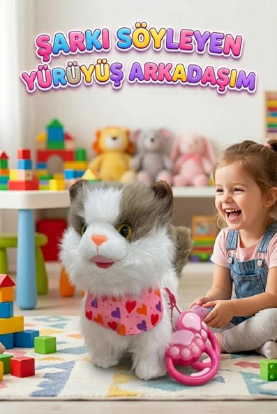 Şarkı Söylüyen Yürüyüş Arkadaşım - İnteraktif Tasmalı Kumandalı Pilli Sesli Oyuncak Peluş Kedi ürün görseli 1