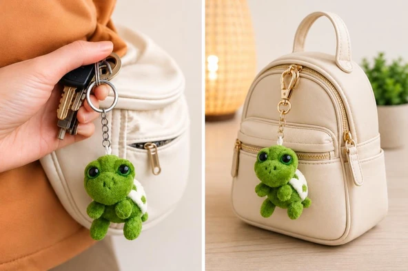 Mini Peluş Kaplumbağa Anahtarlık Yeşil Çanta Süsü Yumuşak Polyester Anahtarlık ürün görseli 1