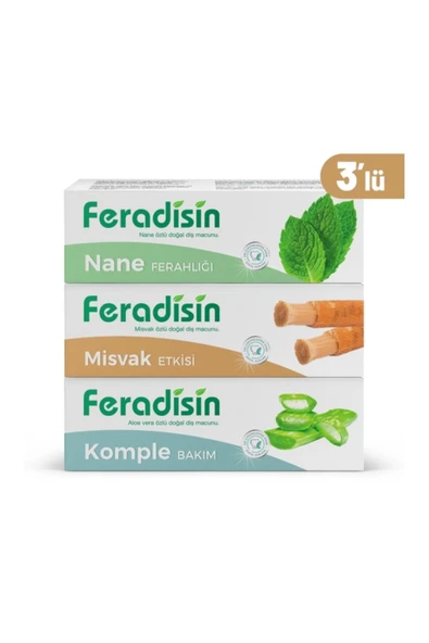 Feradisin Doğal Ve Helal Florürsüz Beyazlatıcı Üçlü Dişmacunu Seti - Misvak - Nane - Aloevera ürün görseli 1