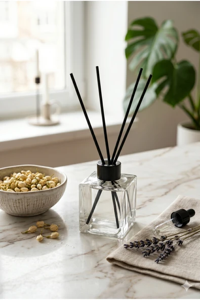 Beyaz Lotus Çubuklu Oda Kokusu 100 ml - Dekoratif Cam Şişe Lüks Ev Parfümü ve Bambu Çubuklu Difüzör ürün görseli 1