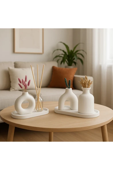 aymumi home Dekoratif Oda Kokusu Çizgili Vazo Ve Beyaz Stand seti ürün görseli 1