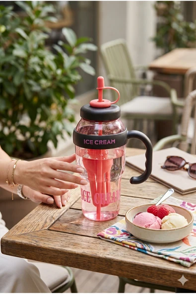 1 Litre Kulplu Pipetli Matara Pembe Ice Cream Yazılı Şeffaf Spor Suluk Motivasyon Şişesi ürün görseli 1