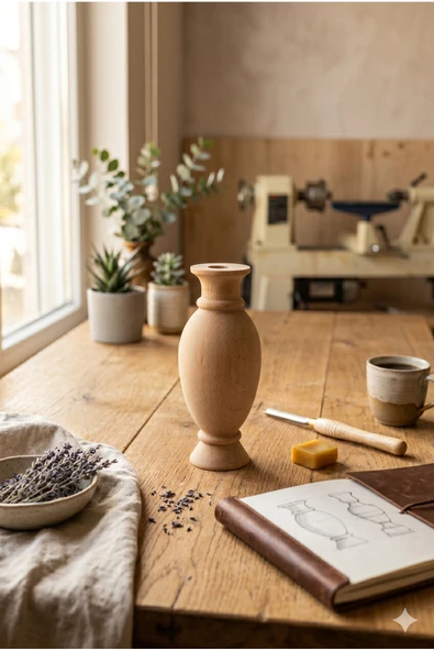 El Yapımı Masif Ahşap Dekoratif Vazo Mumluk - Minimalist Modern Boho Tarzı Doğal Ev Aksesuar Objesi ürün görseli 1