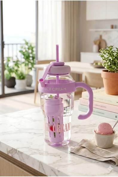 1 Litre Ice Cream Pipetli Kulplu Matara Suluk - Meyve Hazneli Estetik Mor Okul ve Spor Su Şişesi ürün görseli 1