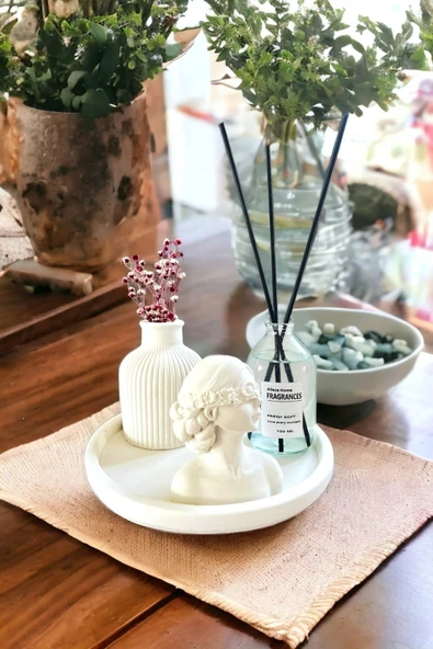 ALLEZA HOME Dekoratif Çizgili Kuru Çiçek Pampas Vazosu Fresh Soft Oda Kokusu Kadın Büst Standlı Set ürün görseli 1