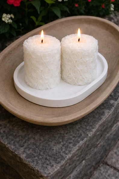aymumi home Kırmızı ve Beyaz Gül Desenli Silindir Mum Seti  Romantik Dekoratif ürün görseli 1