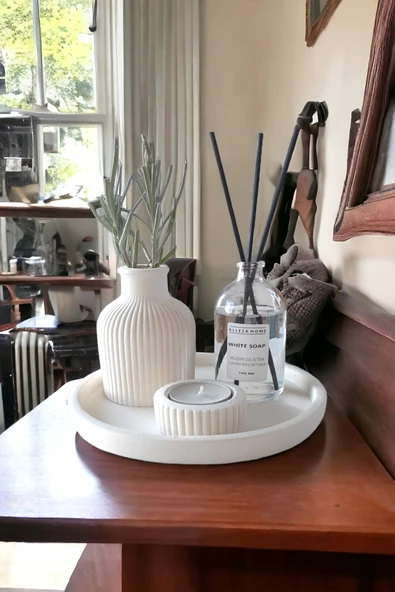 MUJİ STORE Dekoratif Çizgili Minyatür Vazo 100 ML Beyaz Sabun Oda Kokusu Set (TEALİGHT MUM DAHİL DEĞİLDİR) ürün görseli 1