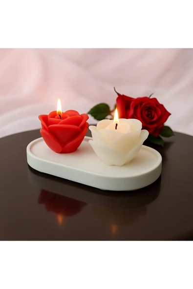 aymumi home Dekoratif Gül Şekilli Kokulu Mum 2'li Set ve Stand  Kırmızı & Beyaz, El Yapımı ürün görseli 1
