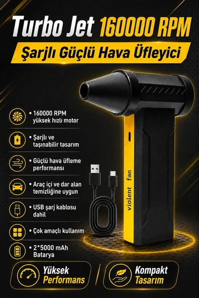 Turbo Jet 160000 RPM Taşınabilir Şarjlı Hava Üfleyici 2x5000 mAh Bataryalı Mini Fan ürün görseli 1